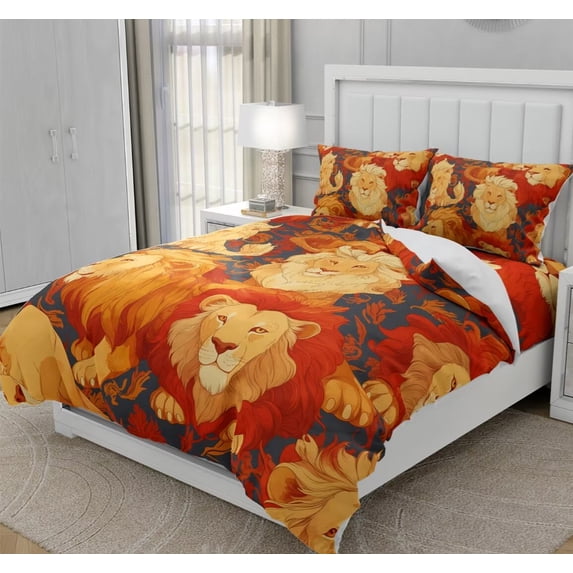 DOJLIO Bedding Sets 3D Red Lion Printed Duvet Cover Set Full Size with 1 Piece Duvet Cover 2 Pieces Pillow Cases Ultra Soft Microfiber (Comforter Not Included)
