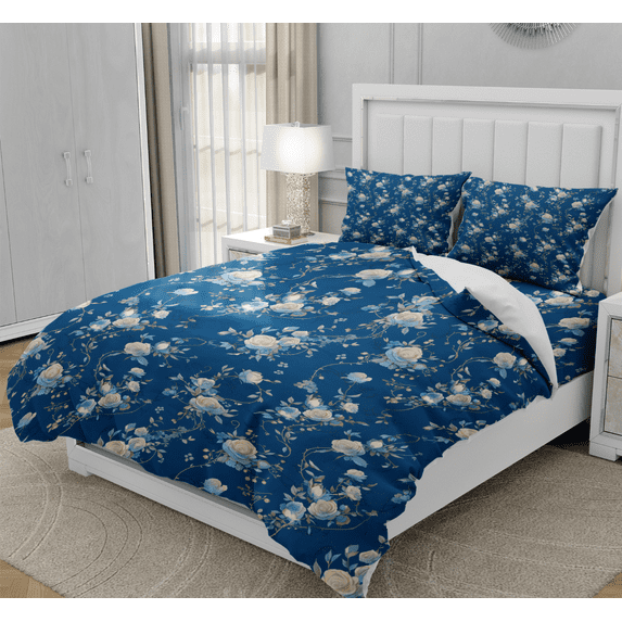 DOJLIO Bedspread Cover King Size Rose Blue and White Rose Comforter Cover Set Blue Rose Art Flower Style Duvet Cover Room Decor No Comforter with 1 Comforter Cover 2 Pillowcases