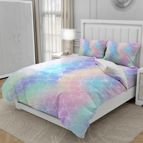DOJLIO Fish Scale Pattern Bedspread Cover Twin Size Beautiful Fish Scale Bed Duvet Cover Colorful Bedroom Decorative Bedding Sets Abstraction Style with 1 Comforter Cover 2 Pillowcases