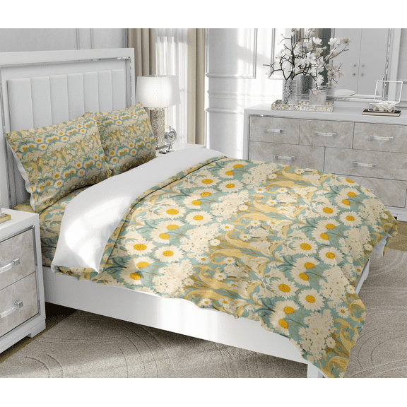 DOJLIO Flower Pattern Duvet Cover Twin Size Bouquet Print Symmetrical Daisy Comforter Cover Set Bedroom Decorative Strawberry Theme with 1 Comforter Cover 2 Pillowcases No Comforter