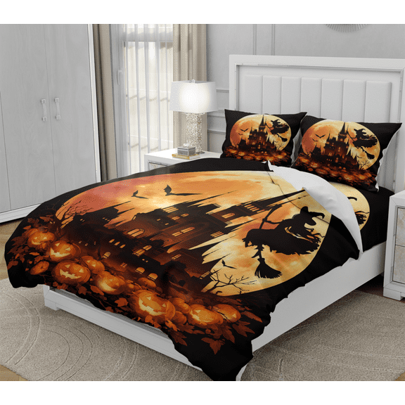 DOJLIO Halloween Witch Bedspread Cover Twin Size Witch Castle Duvet Cover Pumpkin Bedroom Decorative Bed Duvet Cover Halloween Pumpkin Theme with 1 Comforter Cover 2 Pillowcases