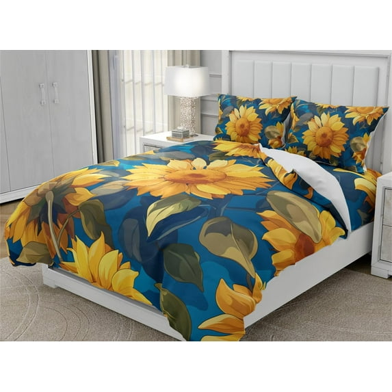 DOJLIO King Size Dark Blue Canvas Bedding Sets 3D Anime Sunflower Printed Bedding Collection 3 Pcs Microfiber Bedding Collection Decorative Bedding Sets No Comforter
