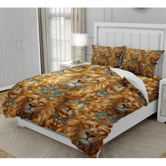 DOJLIO Lion Face Print Bedspread Cover Twin Size Lion Head Comforter Cover Set Lion Totem Room Decor Bedclothes Animal Theme for Adult Men Women