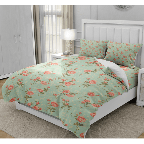 DOJLIO Mint Green Bedspread Cover Full Size Rose Pattern Bedding Sets Romantic Rose Bedclothes Room Decor Elegant Flower Theme for Adult Men Women No Comforter