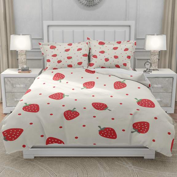 DOJLIO Red Strawberry Bedspread Cover King Size Red Wave Point Bedding Sets Cartoon Strawberry Duvet Cover Room Decor Art Fruit Style with 1 Comforter Cover 2 Pillowcases