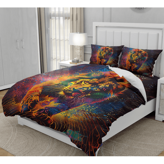 DOJLIO Colorful Lion Bedspread Cover Full Size Attacking Lion Duvet Cover Fierce Lion Bedroom Decorative Comforter Cover Set Rustic Style with 1 Comforter Cover 2 Pillowcases