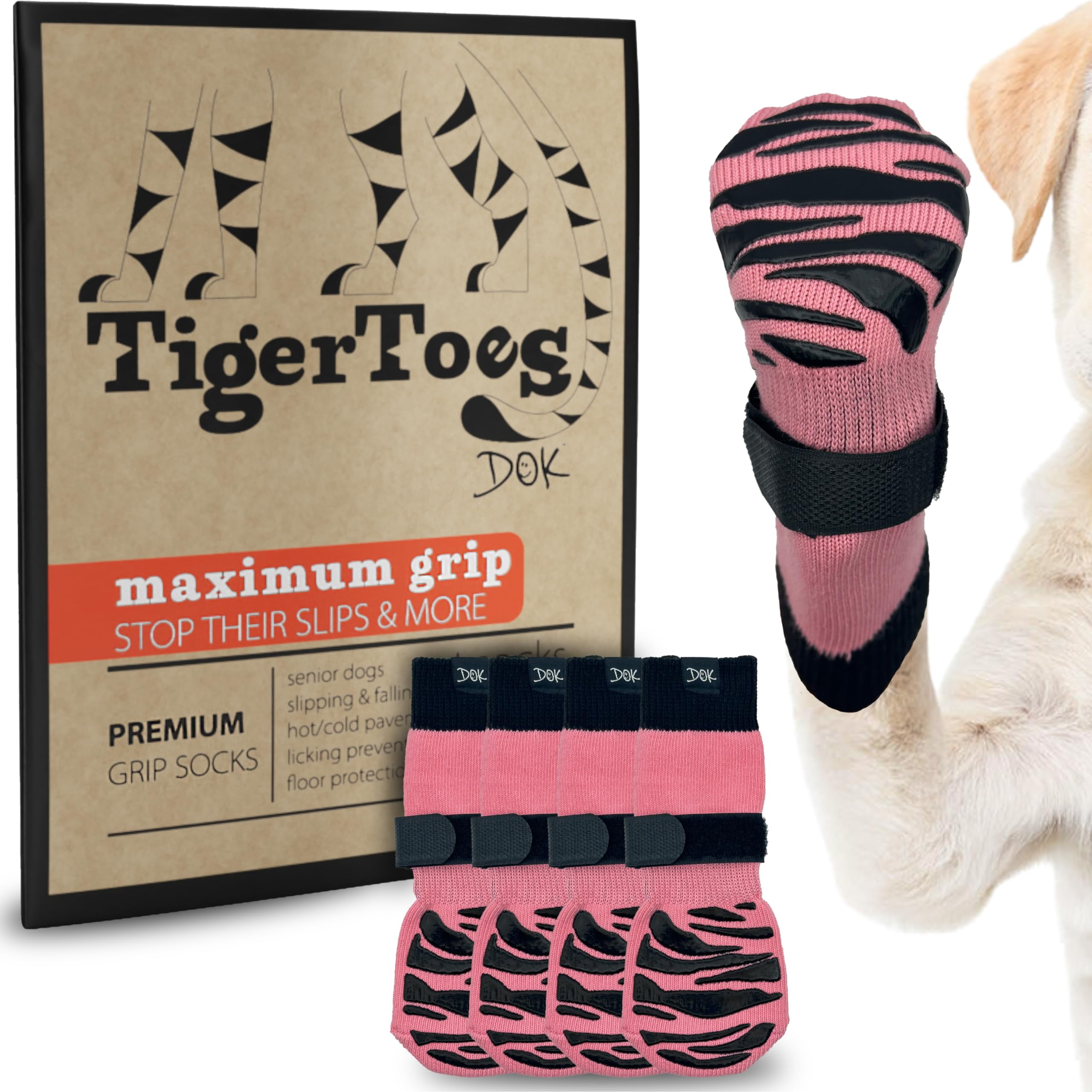 TigerToes Pink and Black Non-Slip Dog Socks for Large Breeds