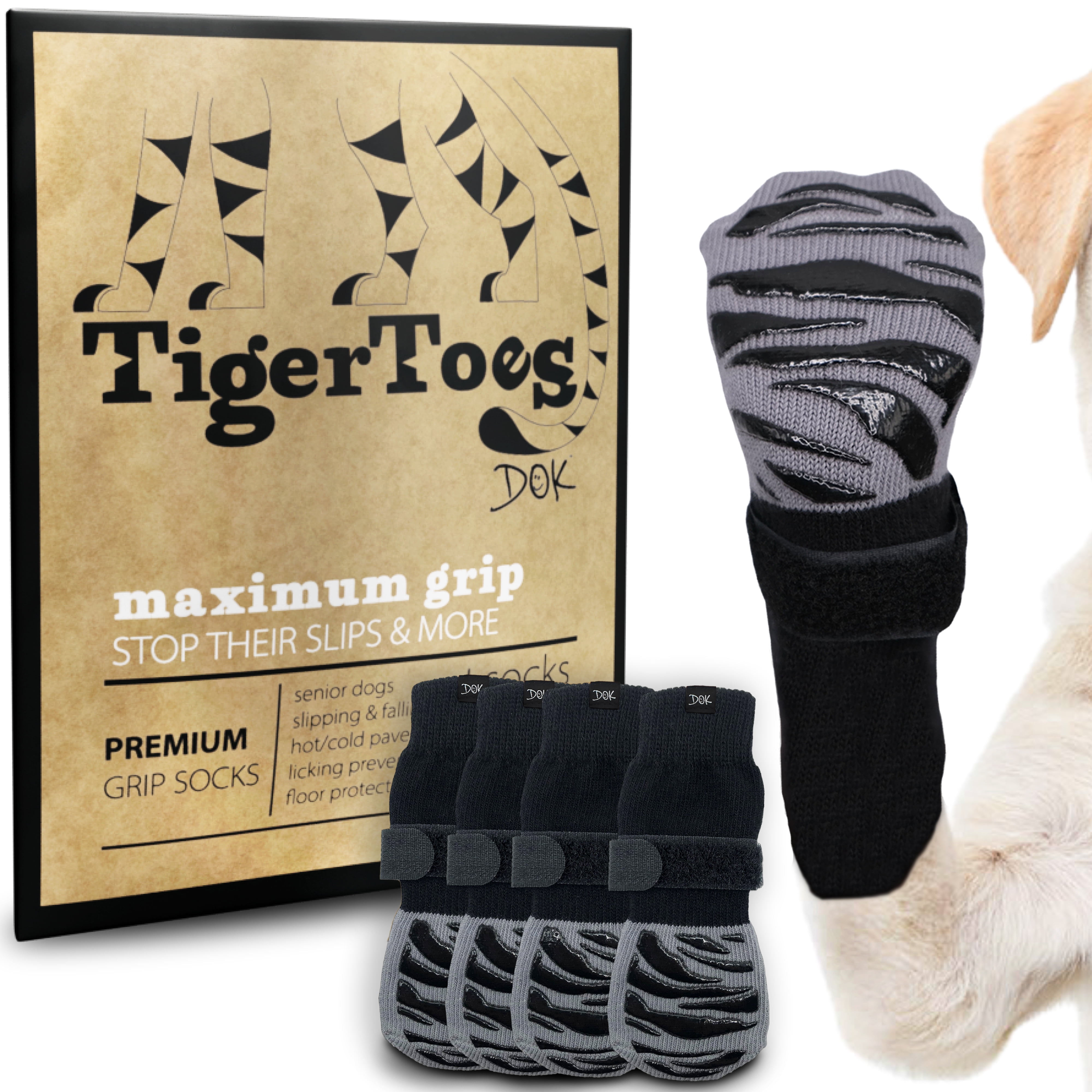 DOK TigerToes AntiSkid Dog Socks with Grips, Velcro Straps, Paw Licking Prevention Size Small