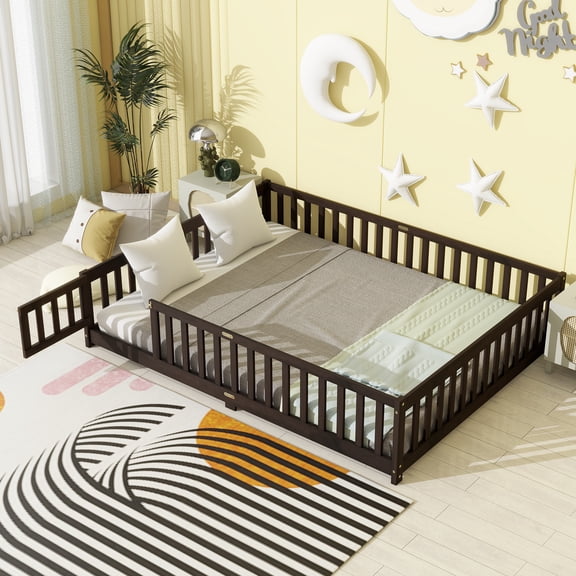 DOKEA Espresso Queen Size Floor Bed with Safety Railing - Playful Kids Bed & Compact Storage Solution