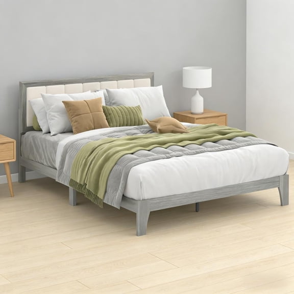 DOKEA Mid-Century Modern Queen Platform Bed Frame with Upholstered Fabric Headboard & Wood Slats | No Box Spring Needed | Durable 726lb Capacity | Beige/Gray