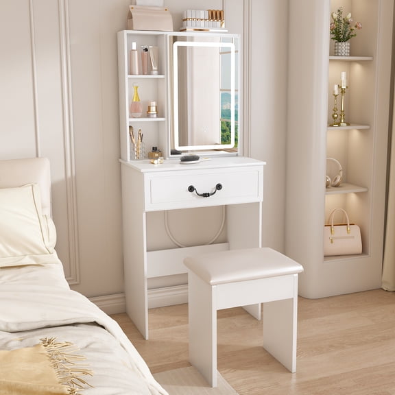 DOKEA Modern White Vanity Desk with Dimmable LED Mirror & Padded Stool | Compact Dressing Table for Bedroom | Hidden Storage & Dust-Proof Shelves
