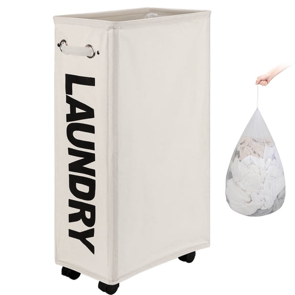 DOKEHOM 29-Inches Enlarged Slim Laundry Basket with Removable Wash Bag on Wheels, Collapsible Rolling Laundry Hamper, Foldable Narrow Corner Clothes Storage Bins (Beige)