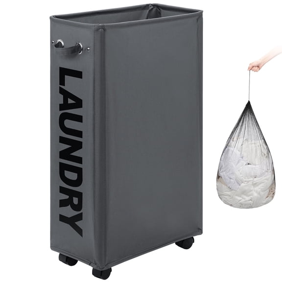 DOKEHOM 29-Inches Enlarged Slim Laundry Basket with Removable Wash Bag on Wheels, Collapsible Rolling Laundry Hamper, Foldable Narrow Corner Clothes Storage Bins (Dark Grey)