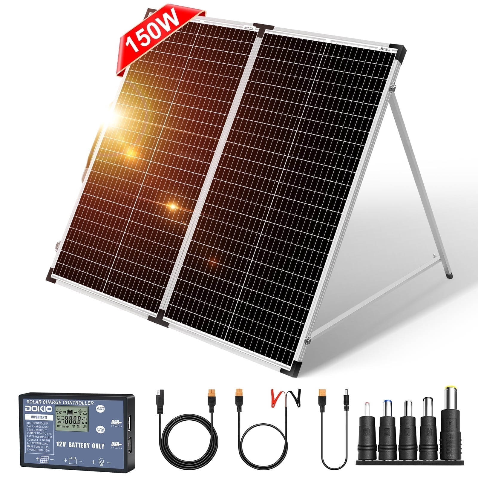 DOKIO Portable Foldable 150W 18v Solar Suitcase Monocrystalline, Folding Solar Panel Kit with Controller to Charge 12 Volts Batteries (AGM Lead/Acid Types Vented Gel) RV Camping Boat