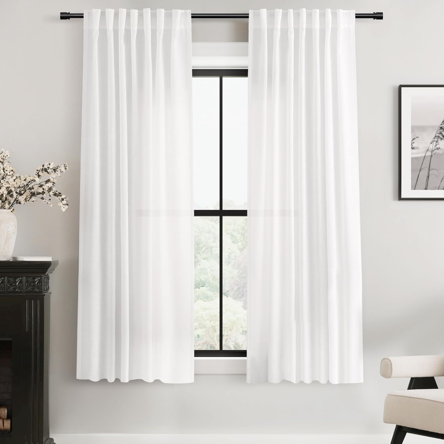 DOKIRO-White Linen Curtains 63 inch Length 2 Panel Set for Living Room ...