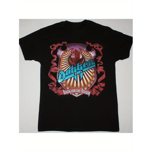 DOKKEN Men's Black "Back for the Attack" Graphic T-Shirt - 100% Cotton Regular Fit Rock Band Tee with Bold Logo & Flame Design,