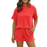 DOKOTOO 2 Piece Oufits for Women Lounge Set Short Sleeve Shirts Matching High Waisted Shorts with Pockets L