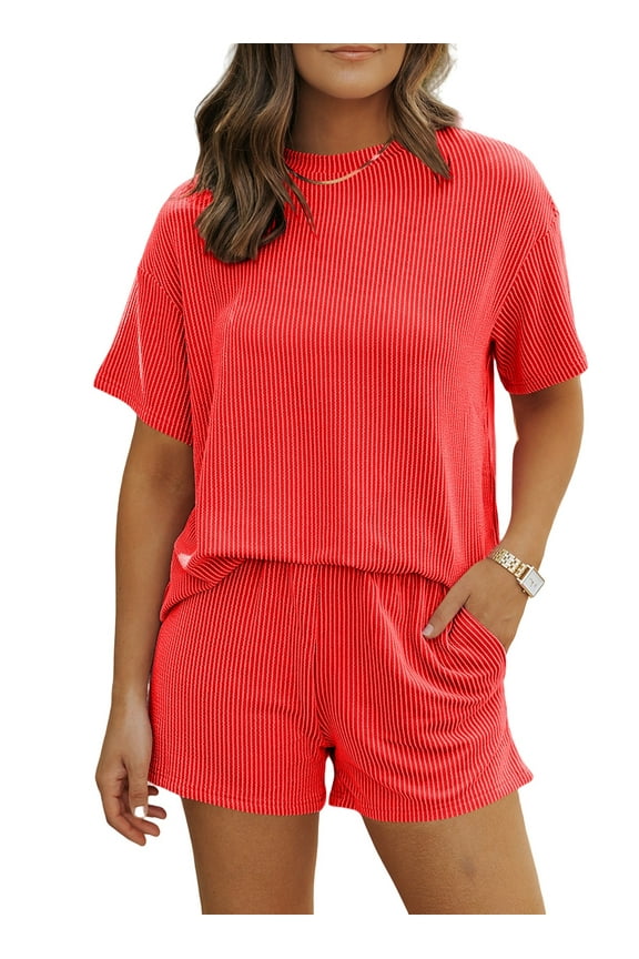 2 Piece Oufits for Women Lounge Set Short Sleeve Shirts Matching High Waisted Shorts with Pockets L