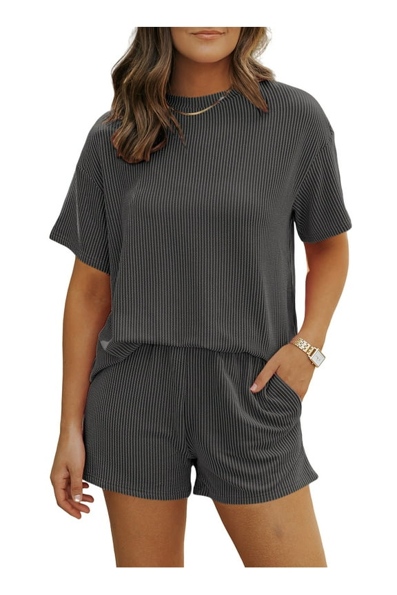 2 Piece Oufits for Women Lounge Set Short Sleeve Shirts Matching High Waisted Shorts with Pockets L