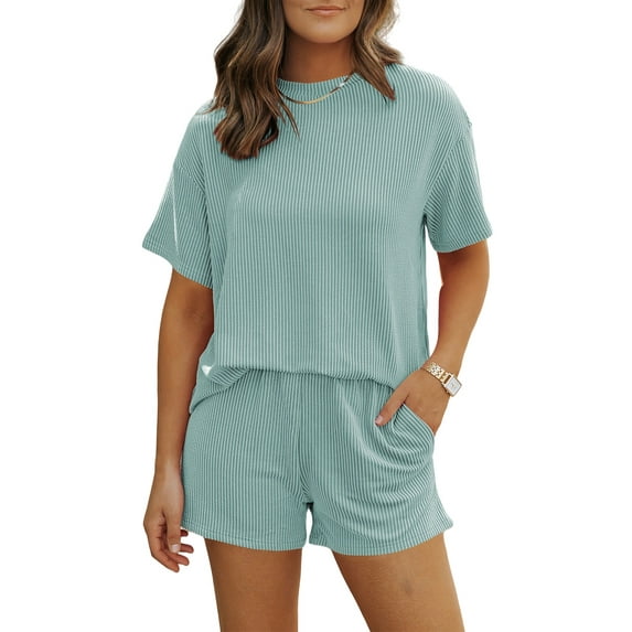 DOKOTOO 2 Piece Oufits for Women Lounge Set Short Sleeve Shirts Matching High Waisted Shorts with Pockets L