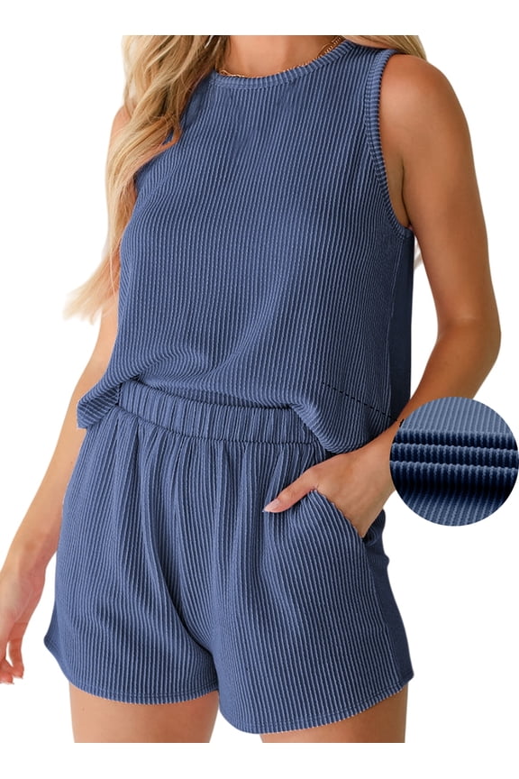 2 Piece Outfits for Women Lounge Sets Casual Crewneck Sleeveless Tops and High Waisted Shorts Summer Matching Set