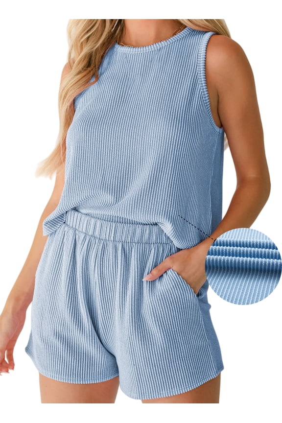 2 Piece Outfits for Women Lounge Sets Casual Crewneck Sleeveless Tops and High Waisted Shorts Summer Matching Set
