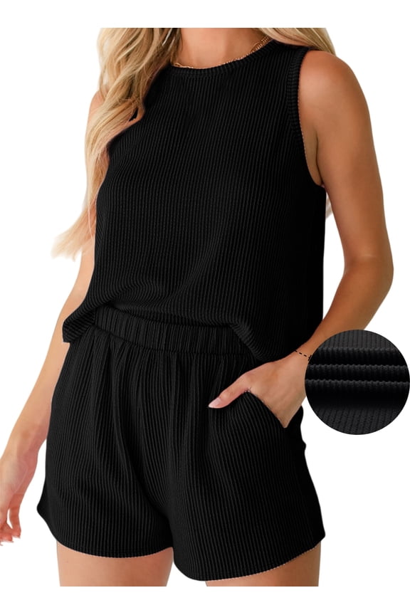 2 Piece Outfits for Women Lounge Sets Casual Crewneck Sleeveless Tops and High Waisted Shorts Summer Matching Set