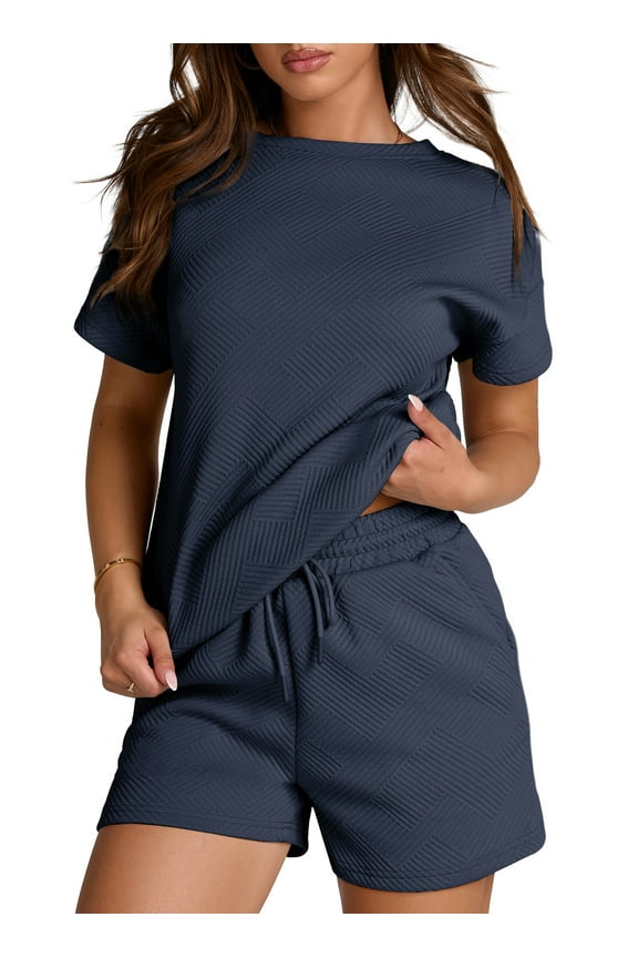 2 Piece Outfits for Women Lounge Sets Casual Short Sleeve Tops with Elastic Waist Shorts Matching Set