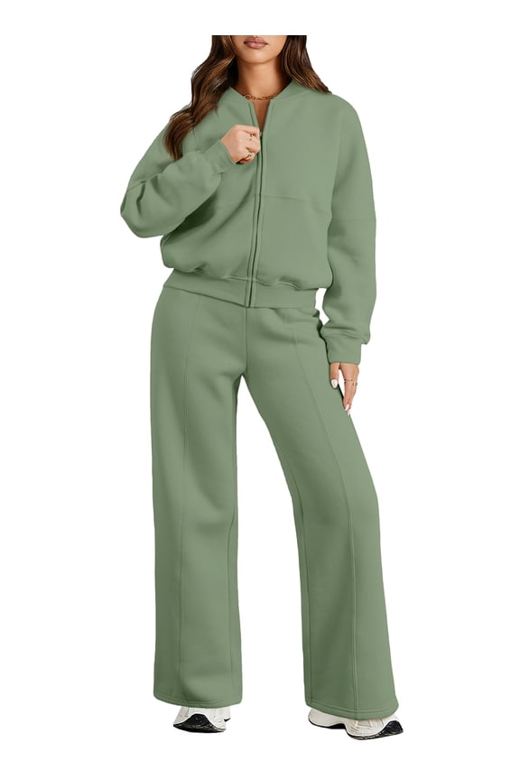 2 Piece Outfits for Women Sweatsuits Oversized Fleece Sweatsuit Zip up Long Sleeve Sweatshirt Wide Leg Sweatpants Tracksuit