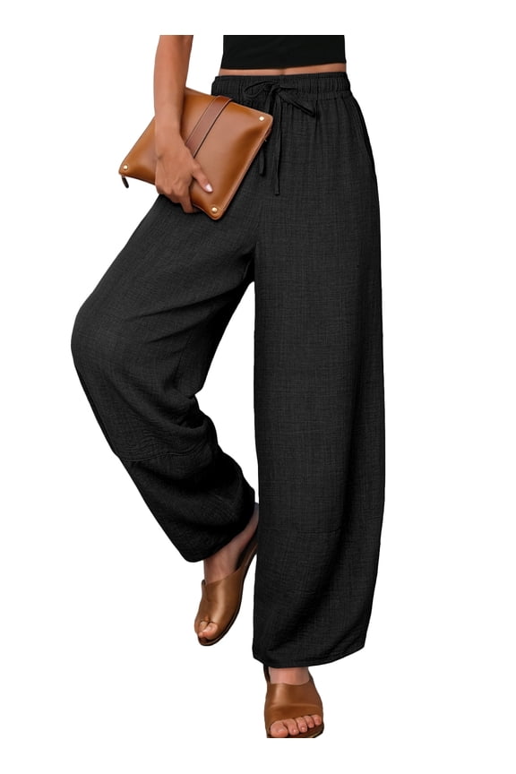 Barrel Pants Women Casual Drawstring Wide Leg Palazzo Pants Elastic Waisted Linen Pants Trousers with Pockets
