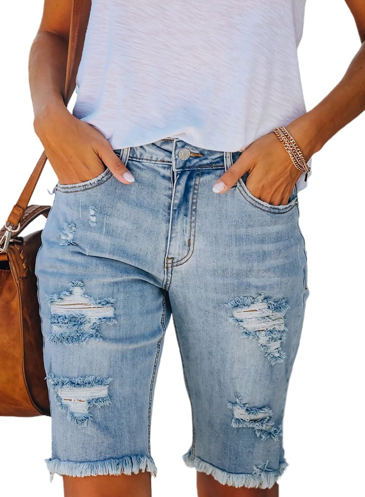 Bermuda Jean Shorts for Women Casual Mid Rise Ripped Distressed Denim Shorts Sky Blue Size 8