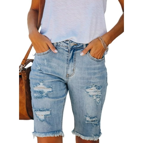 Bermuda Jean Shorts for Women Casual Mid Rise Ripped Distressed Denim Shorts Sky Blue Size 8