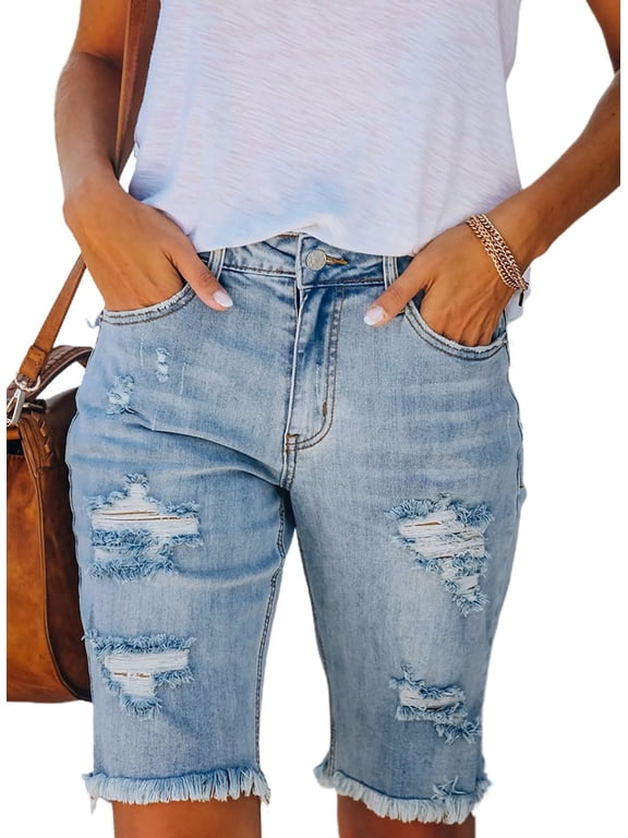 Bermuda Jean Shorts for Women Casual Mid Rise Ripped Distressed Denim Shorts Sky Blue Size 8