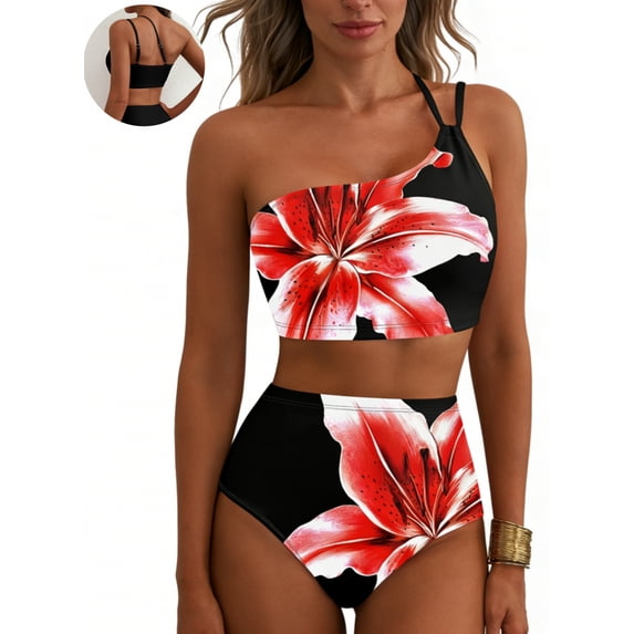 DOKOTOO Bikini Sets for Women One Shoulder High Waist Floral Print Swimsuit with Tummy Control Stretchy Bathing Suit