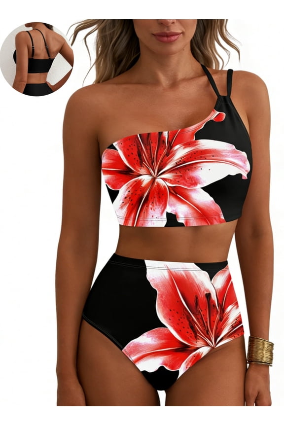 Bikini Sets for Women One Shoulder High Waist Floral Print Swimsuit with Tummy Control Stretchy Bathing Suit