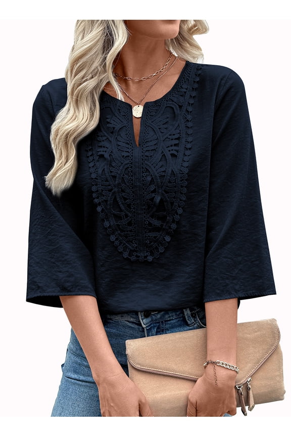 Blouses for Woman Boho V Neck Lace Shirt 3/4 Sleeve Loose Fit Blouse Tops Navy Blue L US12-14