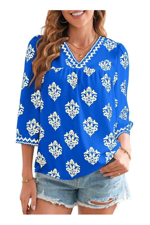 Blouses for Women Boho Floral Print V Neck Tunic Tops Casual Summer Loose 3/4 Sleeve Chiffon Shirts