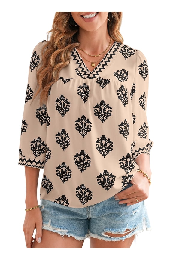 Blouses for Women Boho Floral Print V Neck Tunic Tops Casual Loose 3/4 Sleeve Chiffon Shirts