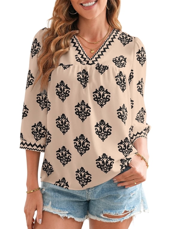 Blouses for Women Boho Floral Print V Neck Tunic Tops Casual Summer Loose 3/4 Sleeve Chiffon Shirts