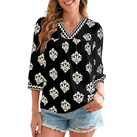 DOKOTOO Blouses for Women Boho Floral Print V Neck Tunic Tops Casual Summer Loose 3/4 Sleeve Chiffon Shirts