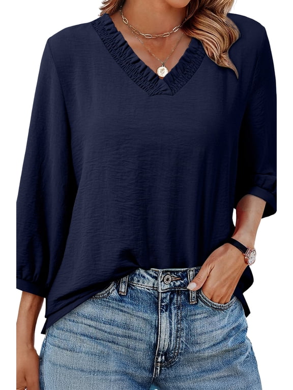 Blouses for Women Dressy Casual Ruched V Neck Smocked Tops 3/4 Sleeve Loose Fit Shirts