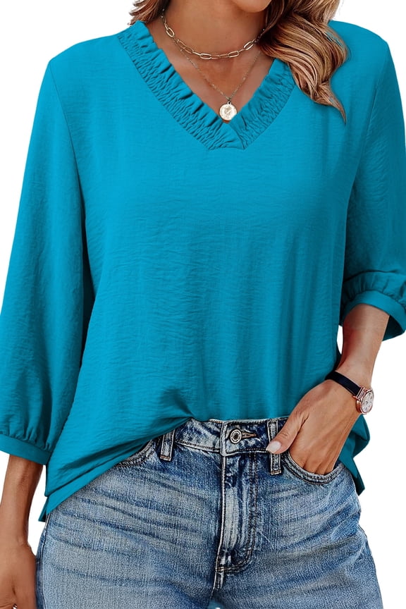 Blouses for Women Dressy Casual Ruched V Neck Smocked Tops 3/4 Sleeve Loose Fit Shirts