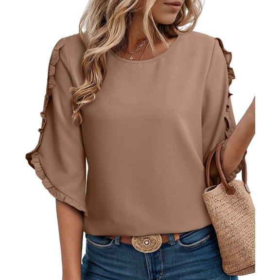 DOKOTOO Blouses for Women 3/4 Ruffle Sleeve Crewneck Tops Business Work Blouse Casual Dressy Loose Shirts