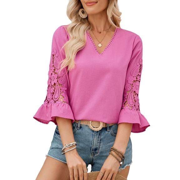 DOKOTOO Blouses for Women Crochet Lace 3/4 Sleeve Tunic Tops Casual V Neck Hollow Out Business Shirts