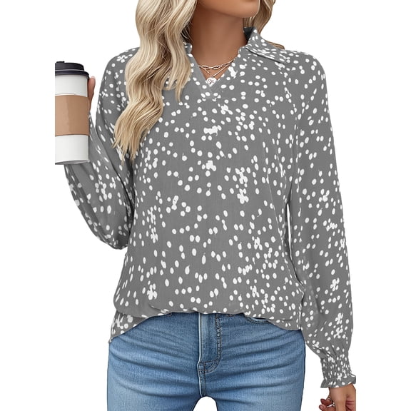 DOKOTOO Blouses for Women Puff Long Sleeve V Neck Tunic Tops Boho Dressy Casual Chiffon Shirts