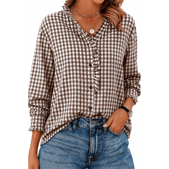 DOKOTOO Blouses for Women Plaid Button Down Ruffle V Neck Tunic Tops Casual Puff Long Sleeve Gingham Shirts S-2XL