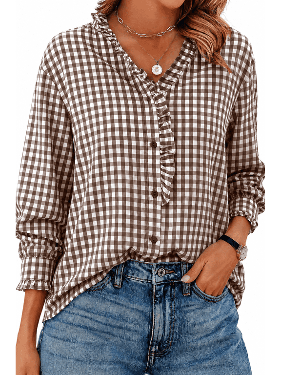 Blouses for Women Plaid Button Down Ruffle V Neck Tunic Tops Casual Puff Long Sleeve Gingham Shirts S-2XL