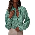 thumbnail image 1 of DOKOTOO Blouses for Women Plaid Button Down Ruffle V Neck Tunic Tops Casual Puff Long Sleeve Gingham Shirts S-2XL, 1 of 9