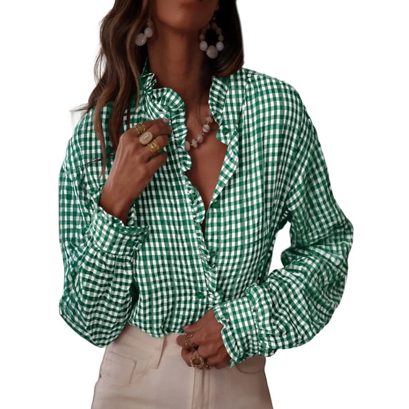 DOKOTOO Blouses for Women Plaid Button Down Ruffle V Neck Tunic Tops Casual Puff Long Sleeve Gingham Shirts S-2XL