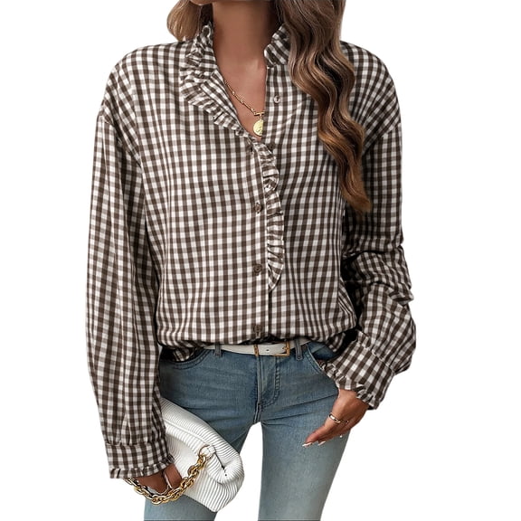 DOKOTOO Blouses for Women Plaid Button Down Ruffle V Neck Tunic Tops Casual Puff Long Sleeve Gingham Shirts S-2XL